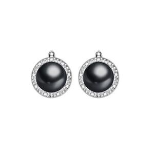 Black Freshwater Pearl Cubic Zirconia Circular Stud Earrings in Sterling Silver